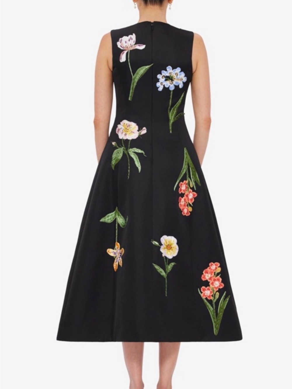 Black Floral A-Line Dress - Elegant Floral Print - Picture 3 of 8